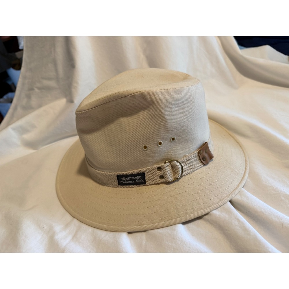 Panama Jack Mens Large Cream Canvas Safari Fedora Hat Made in USA Wide Brim